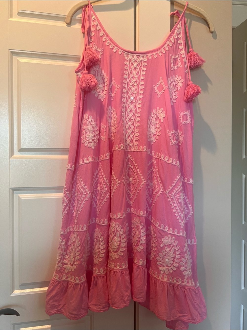 Pink Embroidered Tassel Summer Dress